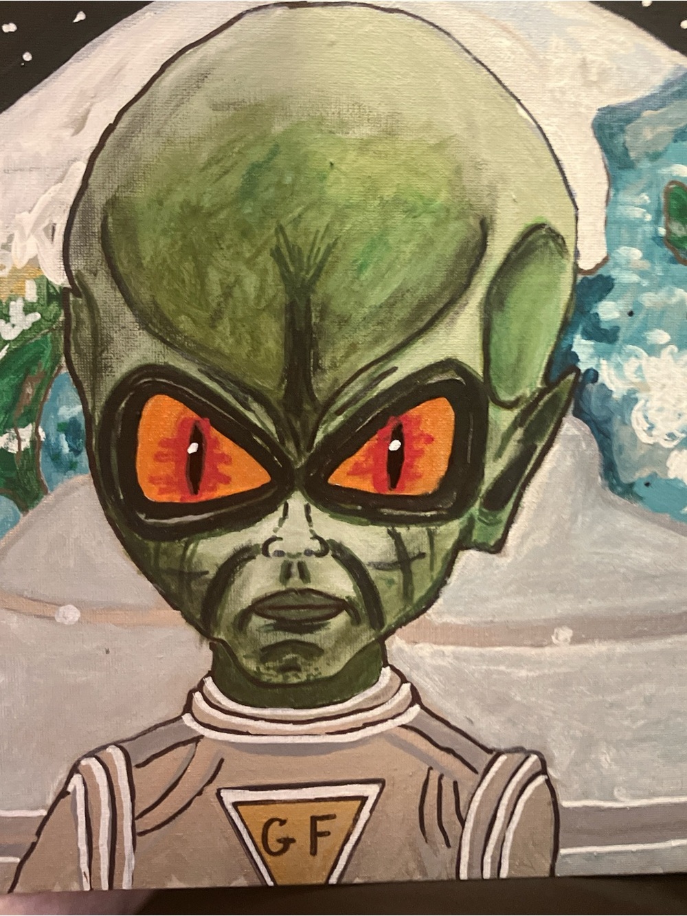 Green Alien Canvas Art Print with Orange Eyes, signed& certified byPH 1of 1
